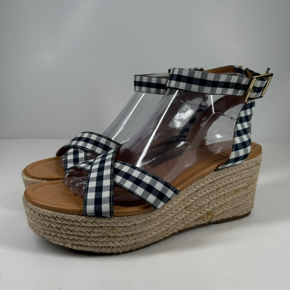 J.Crew Women's US 8.5 Navy Blue Gingham Flatform Espadrille Wedge Sandals L4669